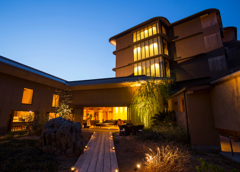 Amahara luxury resort exterior with modern architecture and night lighting, offering a refined and exclusive Awaji Island stay