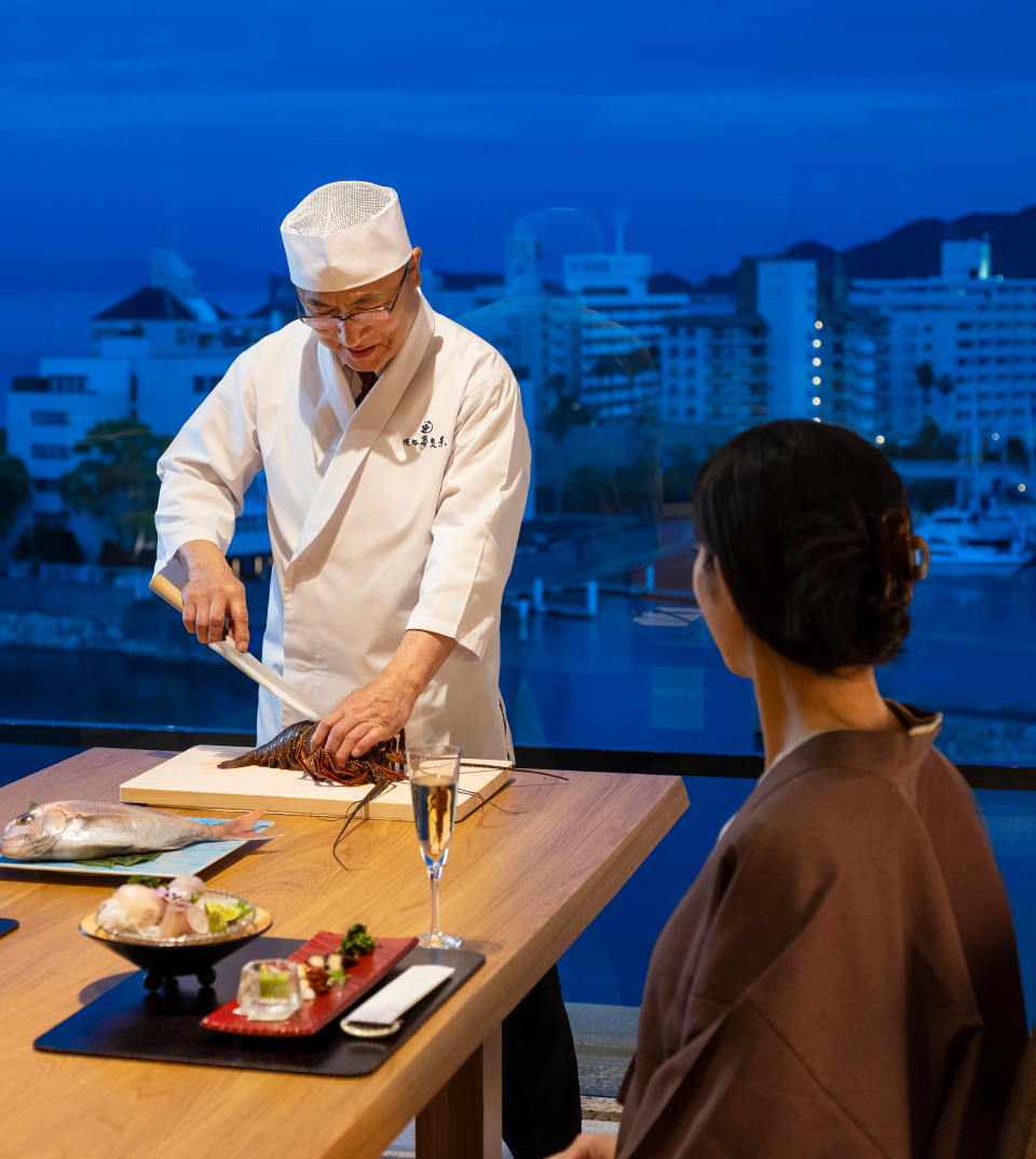 Japanese chef preparing dining experience for guests on Awaji Island in Japan