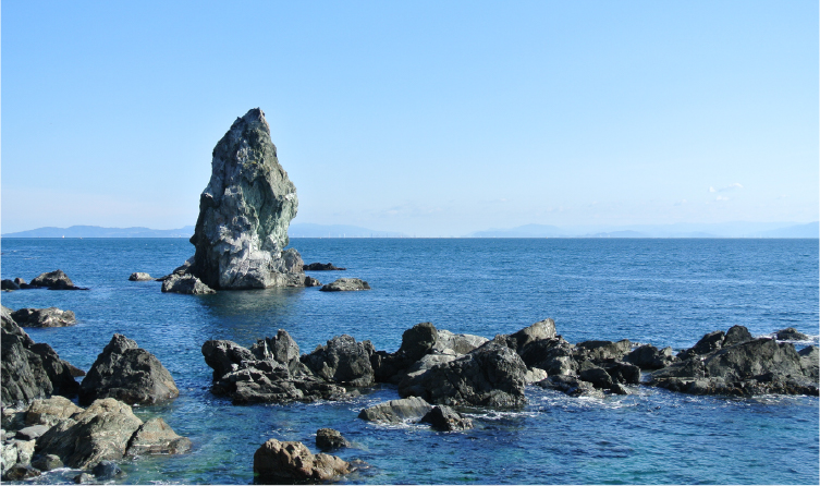 Rocky coastline of Nushima Island off Awaji, offering a quiet and scenic island escape accessible from Hotel New Awaji locations
