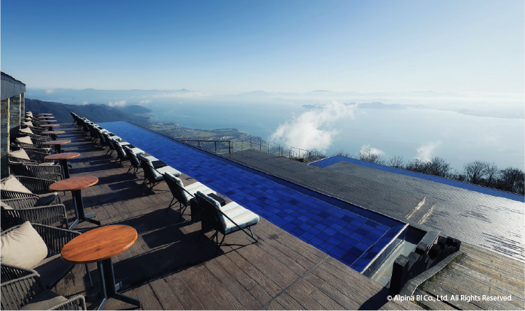 Mountain terrace and infinity-style viewing deck overlooking Lake Biwa, offering panoramic views and a scenic highland escape