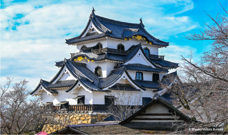 Historic Hikone Castle with white walls and traditional architecture, showcasing a preserved cultural landmark near Lake Biwa