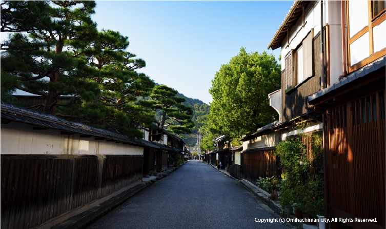 Historic street in Omi Hachiman with preserved wooden buildings, offering a quiet and authentic cultural walking experience