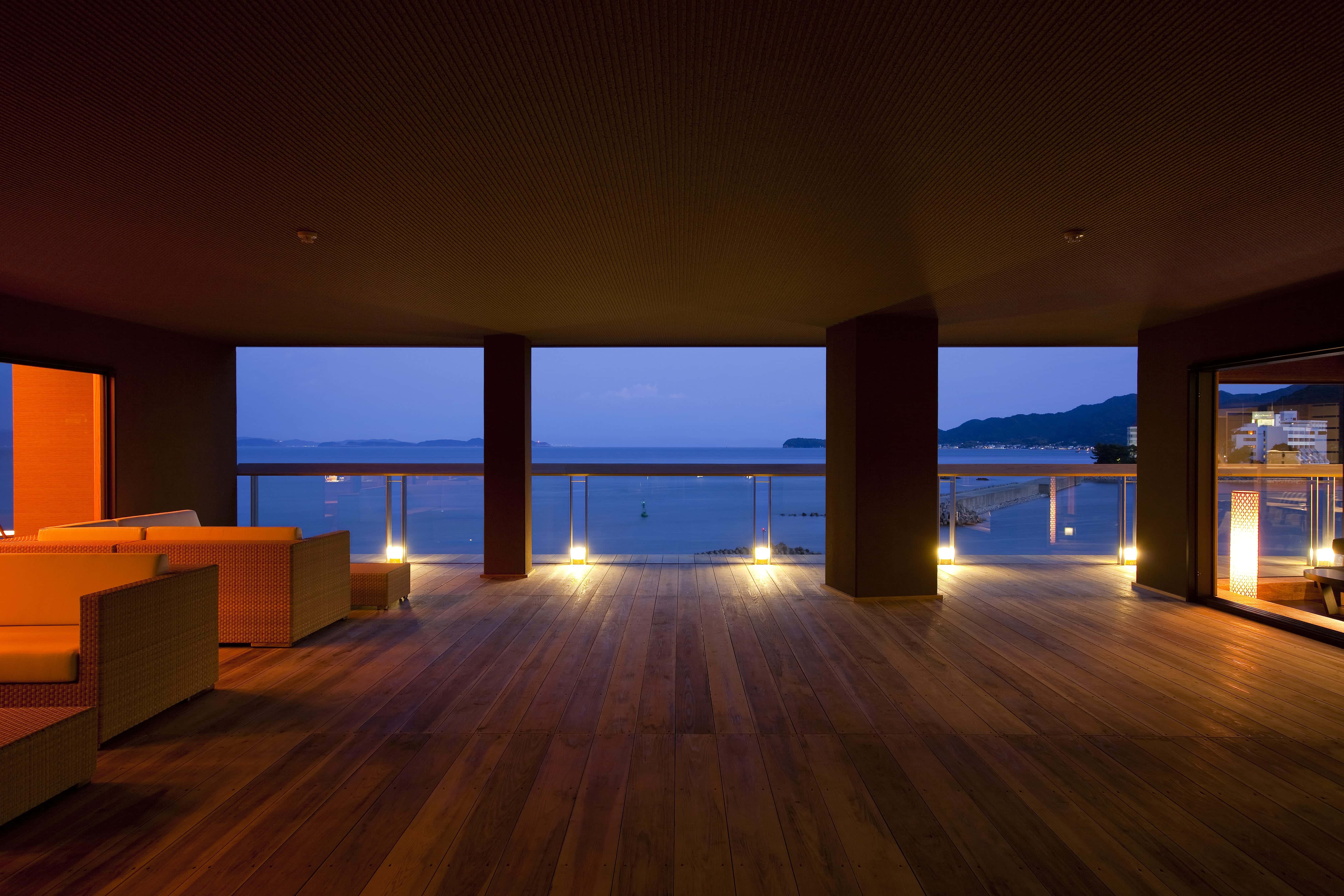 Open-air wooden terrace with ocean view at Hotel New Awaji on Awaji Island, luxury seaside hotel in Kansai Japan
