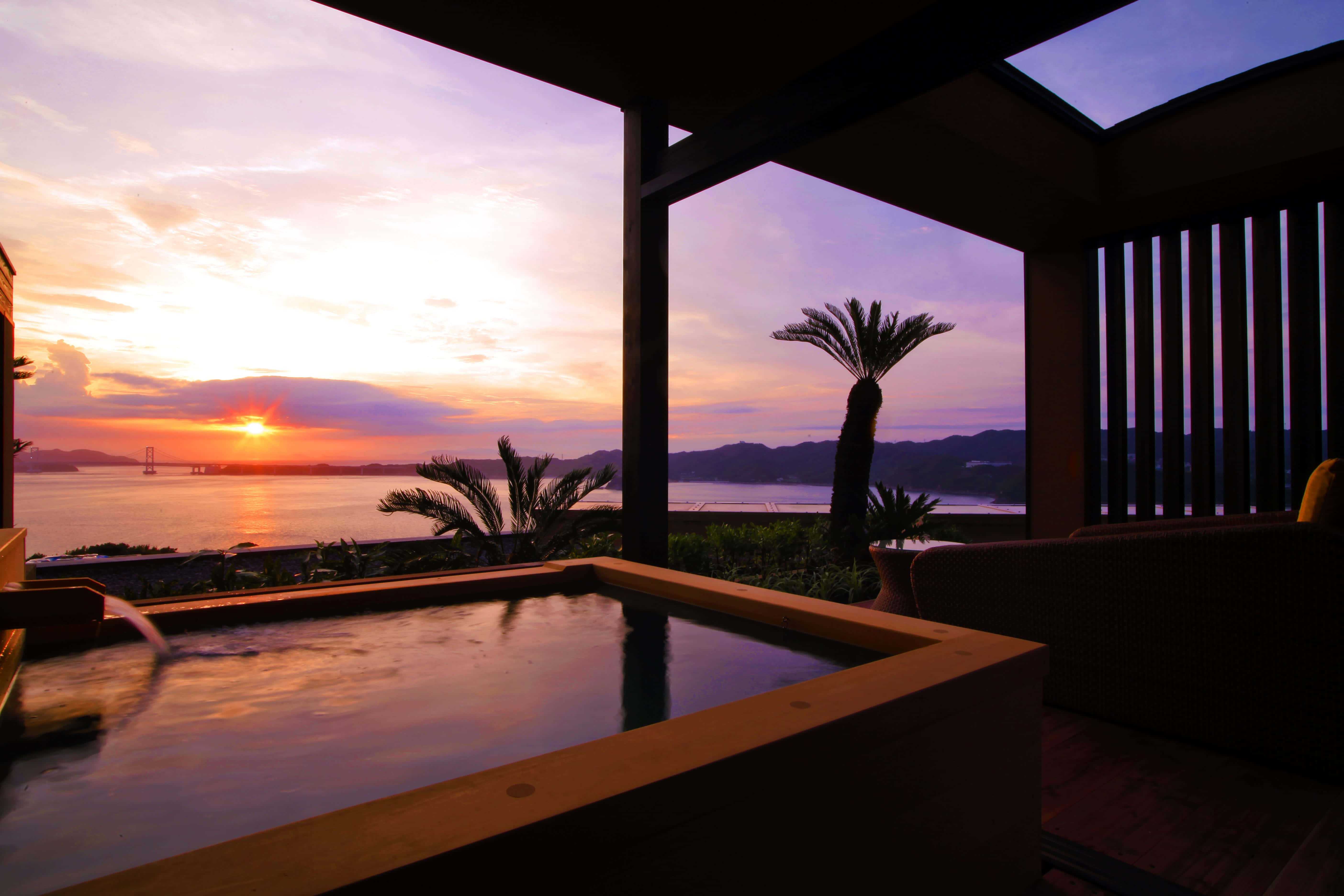 Private open-air onsen bath with ocean view at Hotel New Awaji, luxury hot spring experience on Awaji Island Japan