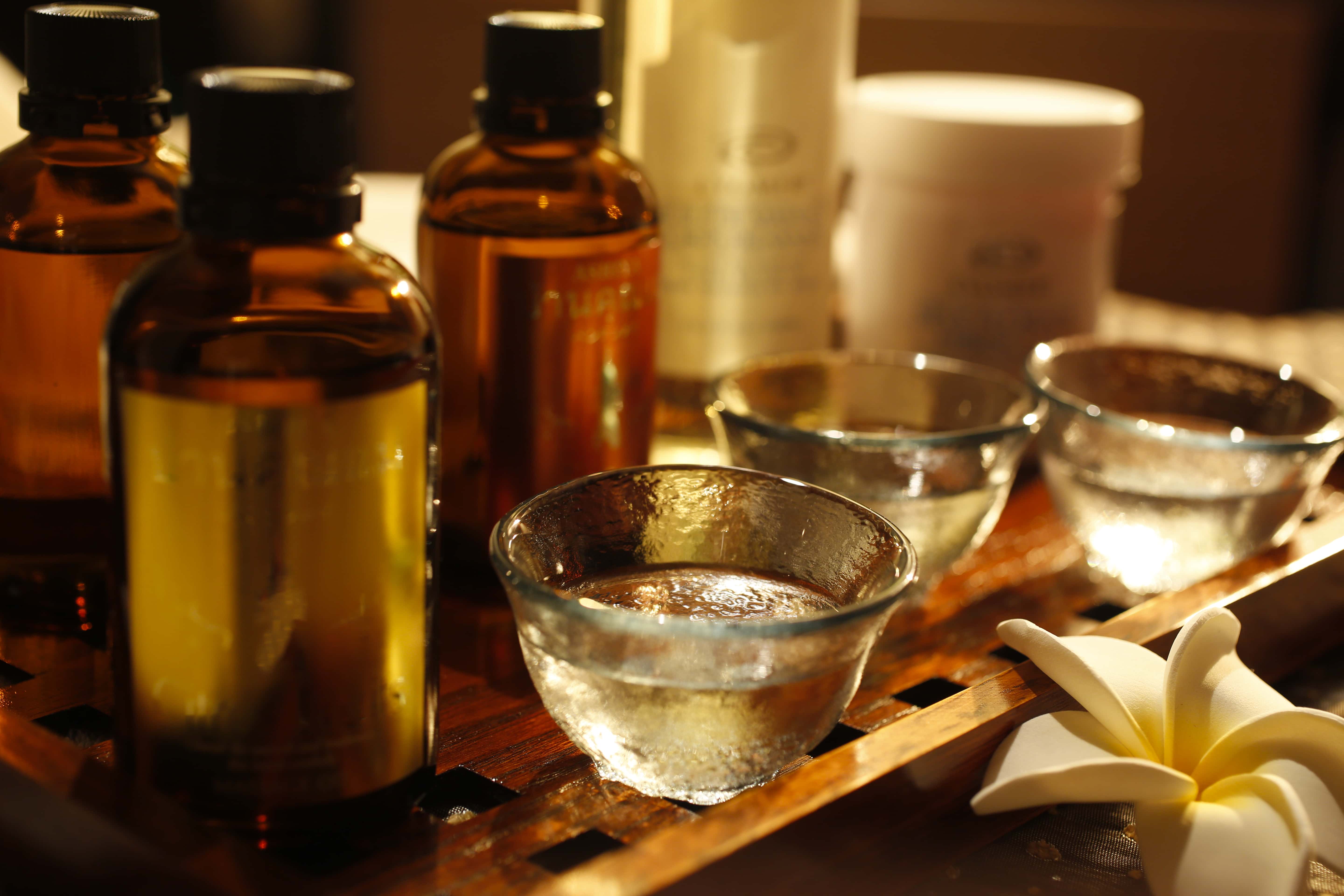 Spa oils and treatment products for aromatherapy, luxury wellness experience at Japanese resort