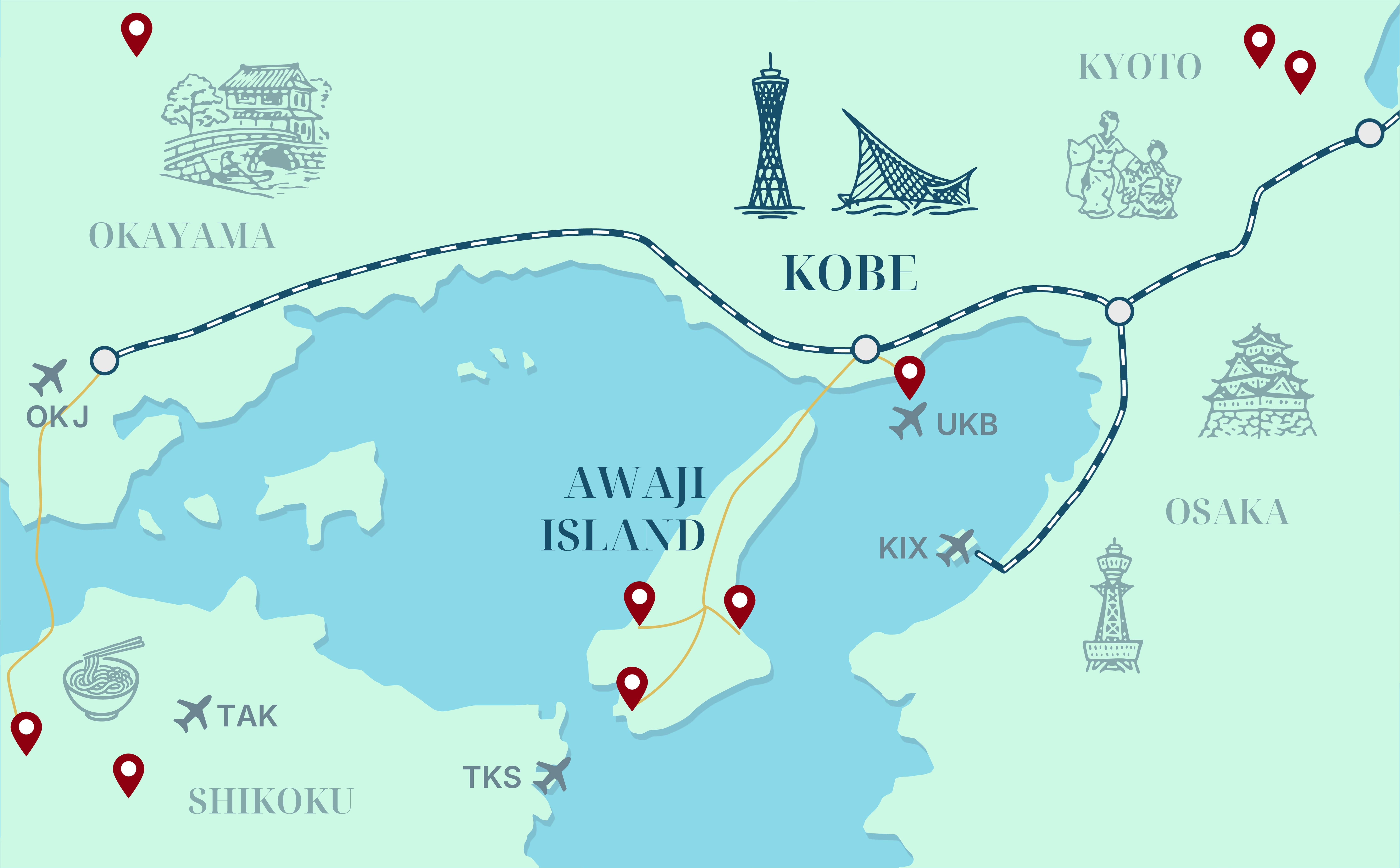 Illustrated map of Awaji Island in Japan showing its location in the Kansai region