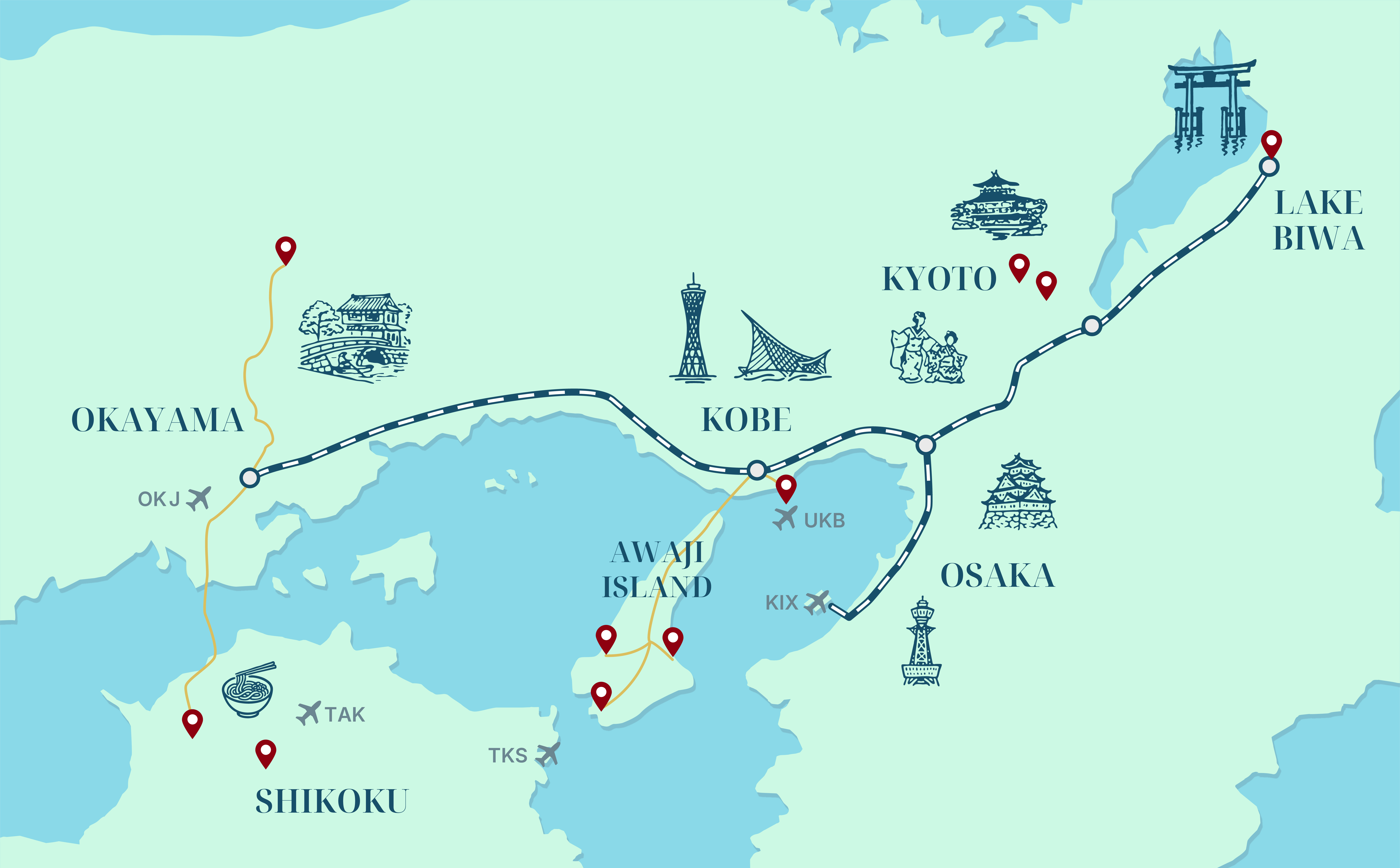 Map showing Awaji Island in Japan with nearby cities including Kobe, Kyoto, Osaka, and Shikoku, highlighting hotel locations and access routes