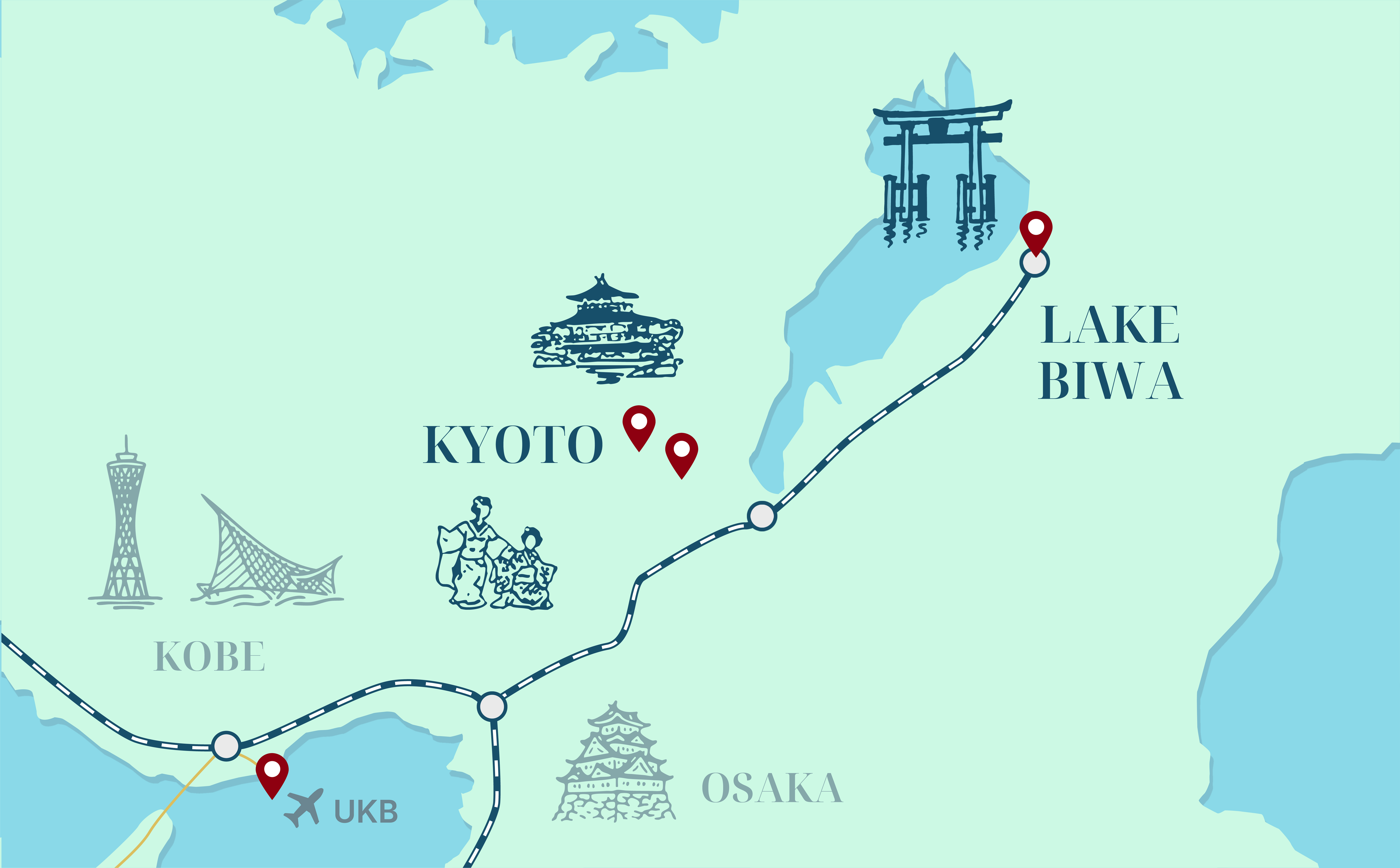 Illustrated map of Kyoto and Awaji Island in Japan showing regional proximity