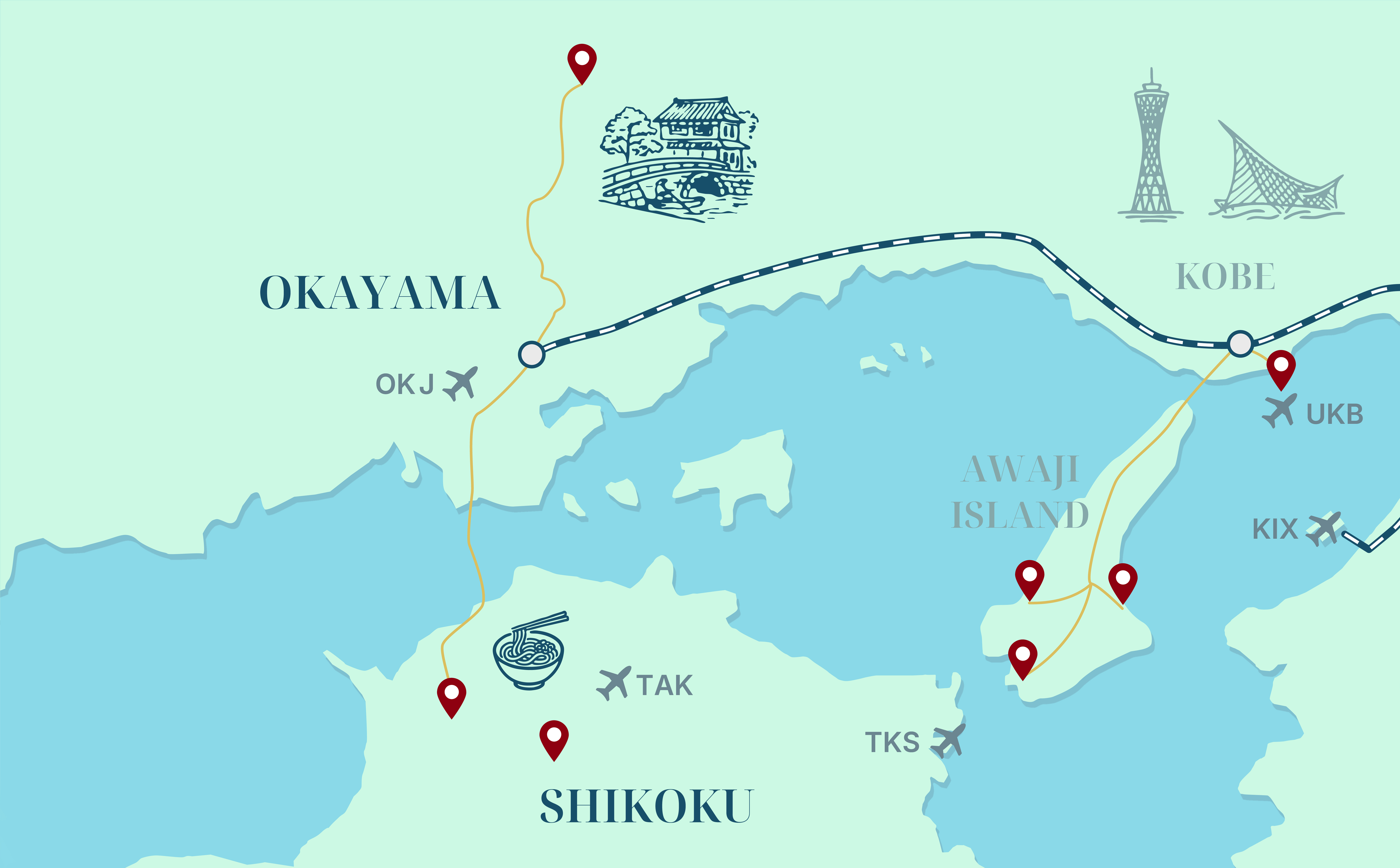 Illustrated map of Shikoku and Awaji Island in Japan showing nearby location