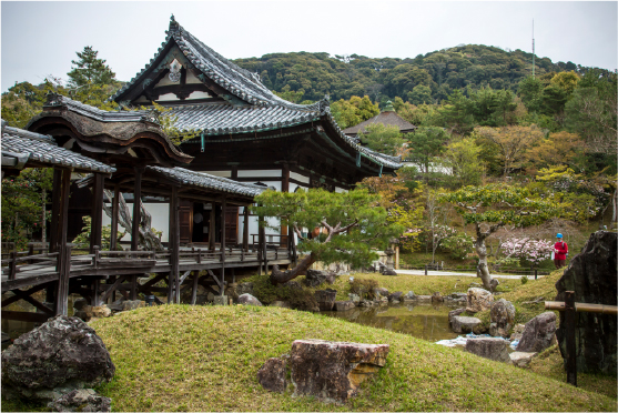 Traditional Japanese garden with temple buildings nestled into a forested Kyoto hillside, shifting quietly with the seasons