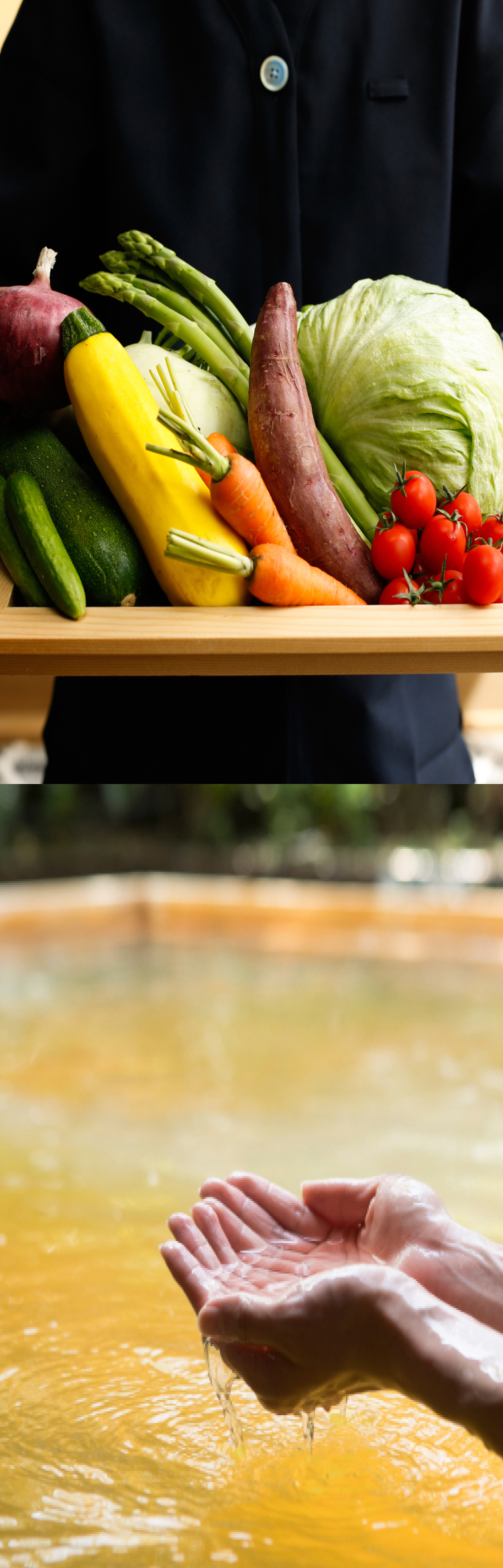 Awaji Island sustainability concept featuring locally grown ingredients and natural onsen hot spring water at a luxury ryokan
