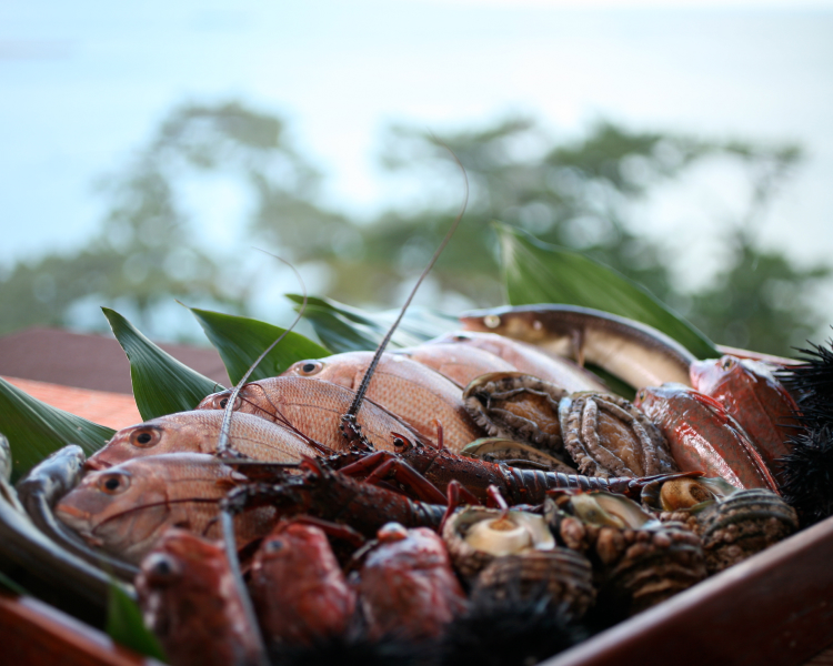 Locally sourced Awaji Island seafood including shrimp and shellfish for traditional Japanese dining