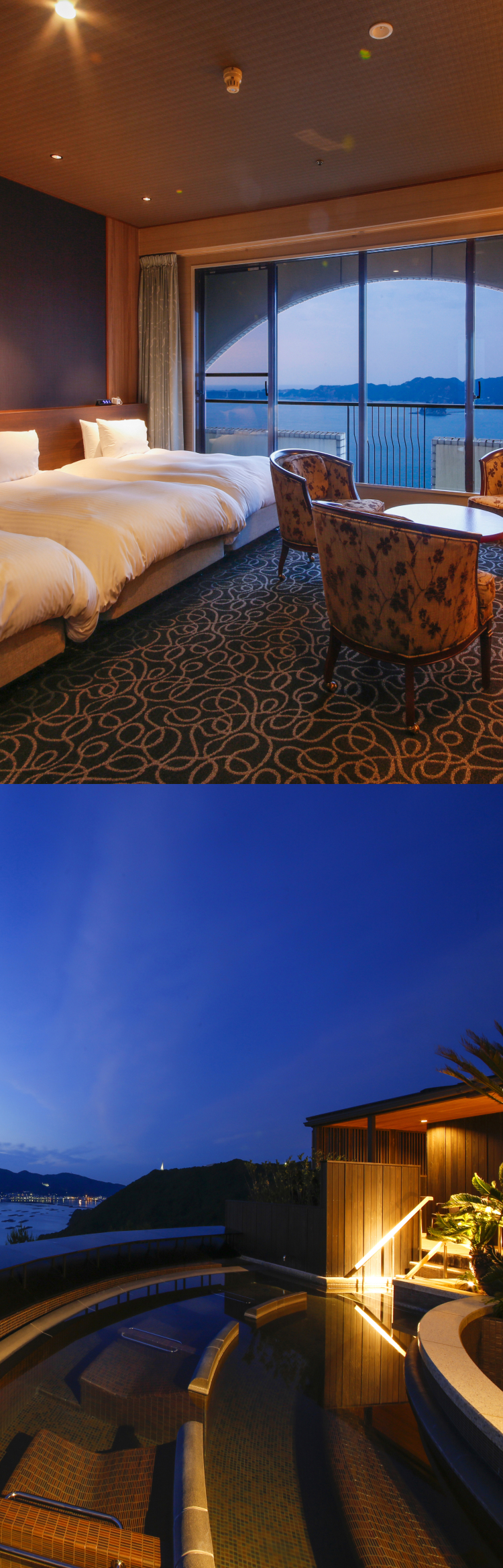 Hotel New Awaji oceanfront guest room with panoramic sea view at dusk alongside an open terrace overlooking the calm Awaji Island coastline and island silhouettes at twilight
