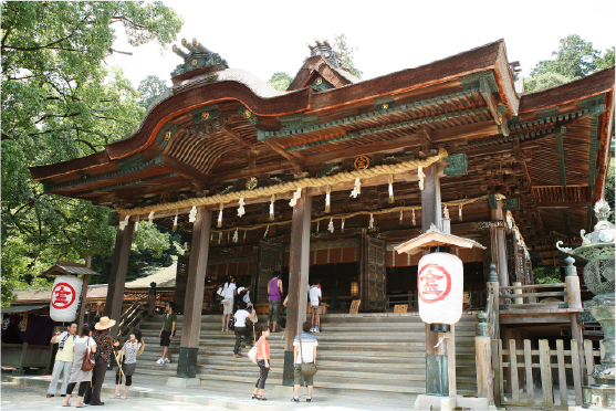Traditional wooden shrine gate with visitors in a forested Shikoku setting, a living stop along one of Japan's most sacred pilgrimage routes