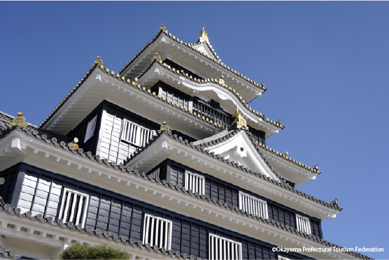 Okayama Castle rising above the city skyline under a clear blue sky, a landmark of historic ambition and regional identity in Japan's garden city