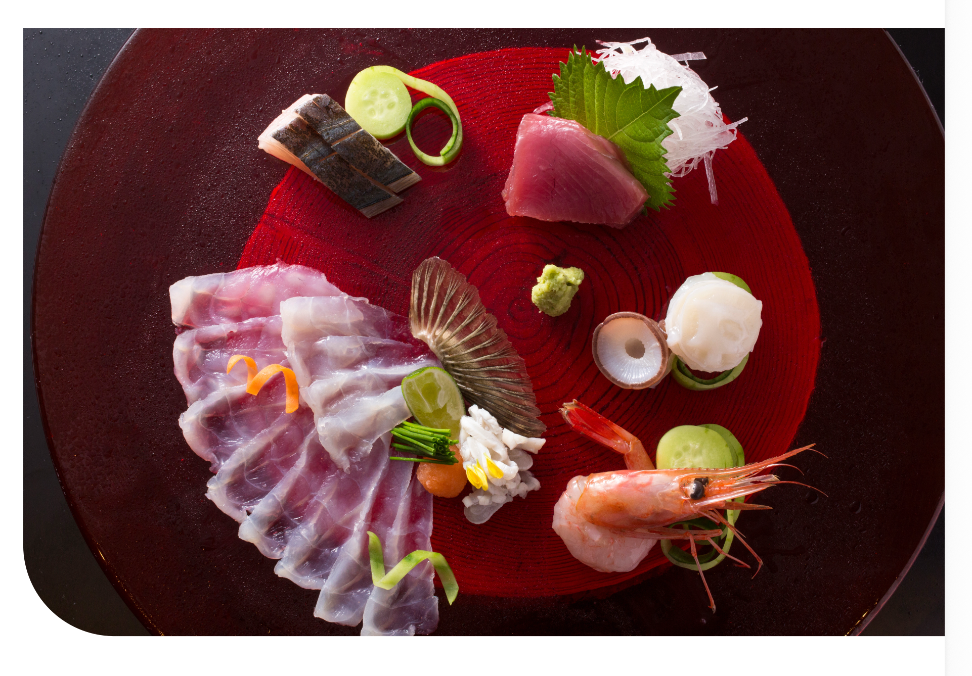 Seasonal sashimi and seafood arranged on a deep red lacquer plate, showcasing the coastal bounty and refined culinary tradition of Shikoku and Okayama