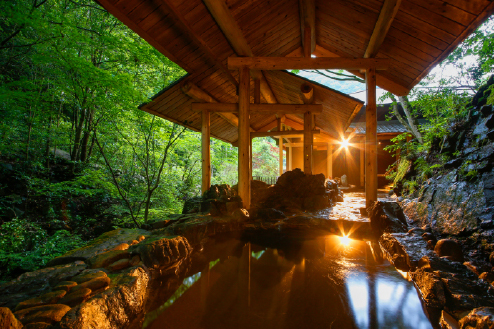Warm onsen bath glowing amid a forested gorge at dusk, creating a deeply restorative and nature-immersed wellness experience